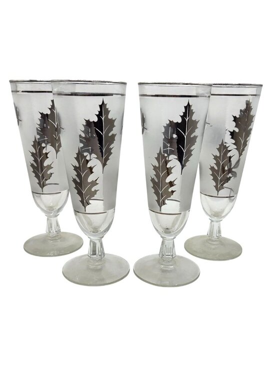 Libbey Other - Vtg Libbey Silver Foliage Leaf Footed Pilsner Glasses Set Of 4 Frosted Champagne